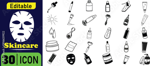 Skincare including face masks, bottles, tubes, and tools
