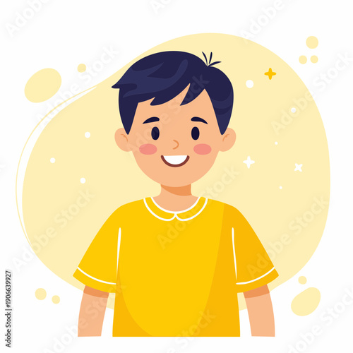 A happy child character smiling in a vibrant, flat cartoon vector illustration