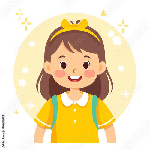 A happy child character smiling with a yellow dress and headband in a flat cartoon vector illustration