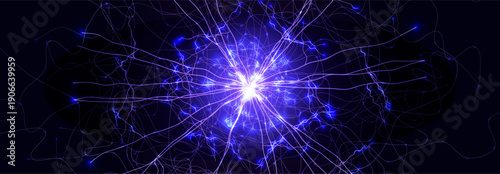 Neuron Firing Human Brain Neural Network Innovate Science Technology Background. Medical Neurology Bio Tech Scientific Research Banner Flash Glow Fractal. Blue AI Digital Net. Vector Illustration