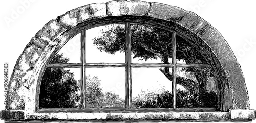 Vintage architectural stone window frame with botanical view sketch
