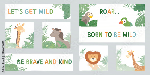 Safari themed baby shower or nursery decor with animal illustrations