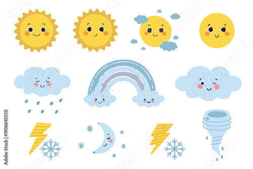 Cute cartoon weather icons including suns clouds rainbows and storm elements