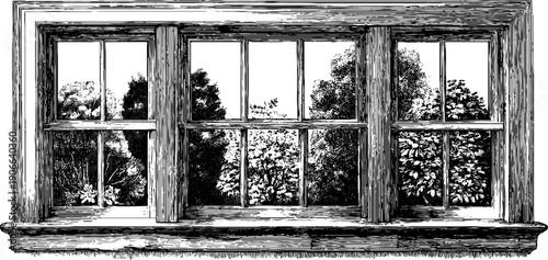 Vintage architectural window with botanical view - perfect for retro design projects