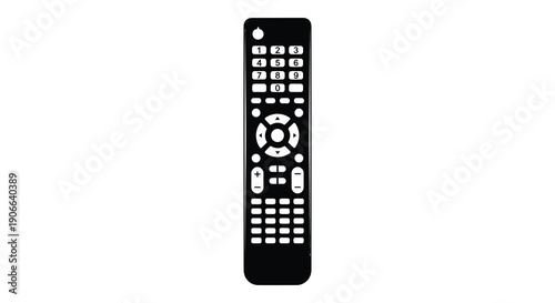 A stark black silhouette depicts a modern remote control with numerous buttons for device operation silhouette high quality professional detailed elegant
