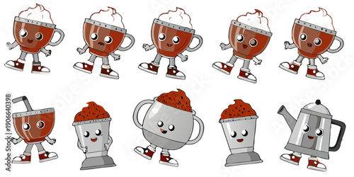 Animated coffee mugs and a teapot with expressive faces in a sequence