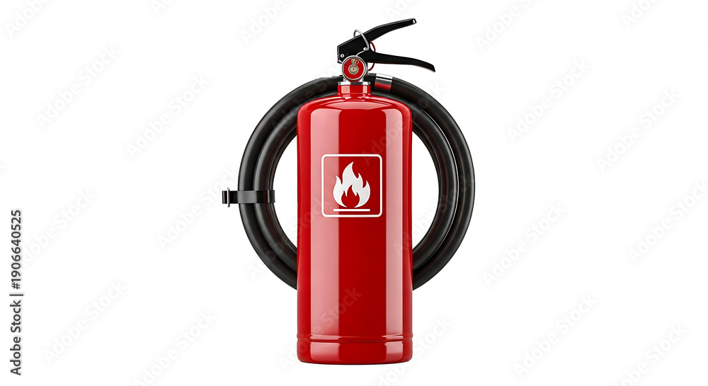 Obraz premium Bright red fire extinguisher mounted on a sturdy metal wall bracket for safety purposes isolated on transparent background