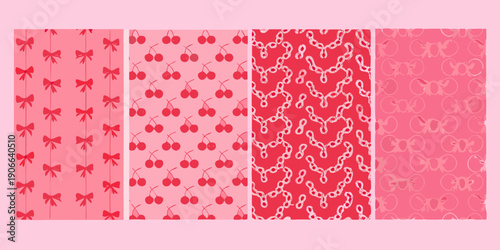 Four panels display repeating patterns of butterflies and cherries in pink