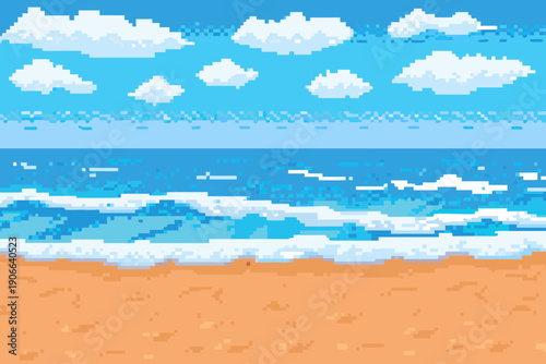 Pixel art landscape depicting a sandy beach with ocean and sky