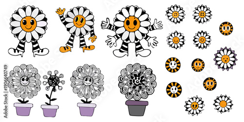 Playful daisies with smiling faces in various stages of bloom are shown