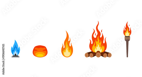 Collection of Flat Design Fire Illustrations Blue Gas Flame Glowing Embers Campfire and Torch.