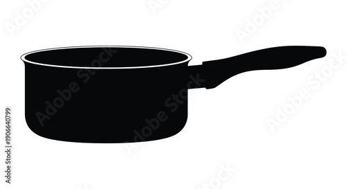 A stark black silhouette of a saucepan with a long handle isolated on a white background demonstrates simple kitchenware silhouette