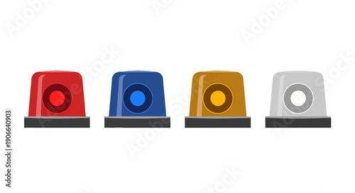 Four colorful emergency siren lights with distinct red blue amber and white domes.
