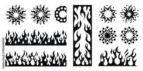 Collection of black flame and starburst graphic design elements
