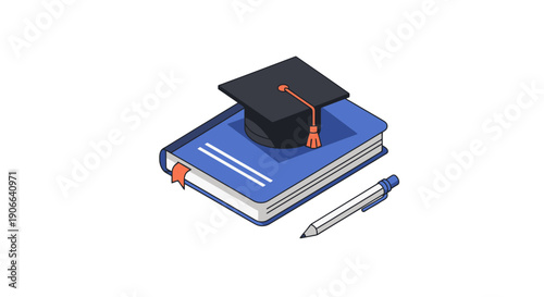 Isometric blue book with orange bookmark black graduation cap orange tassel and white pen.