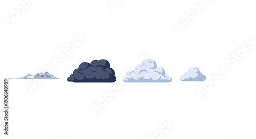 Four stylized graphic clouds in varying shades of blue and grey from dark storm to light fluffy flat design.