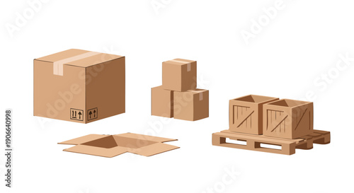 Isometric brown cardboard boxes open flat box stacked packages wooden crates on pallet for shipping and logistics.