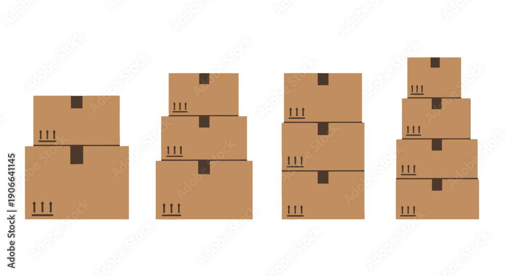 Fototapeta premium Stacked brown cardboard delivery boxes with this way up arrows and dark tape flat vector illustration.