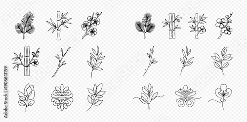 Set of hand-drawn line art illustrations of traditional Asian plants and decorative elements.