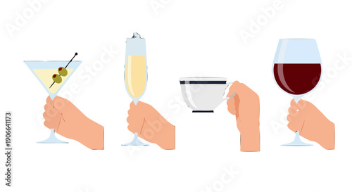 Stylized hands holding diverse beverages martini with olives champagne flute coffee cup and red wine glass.