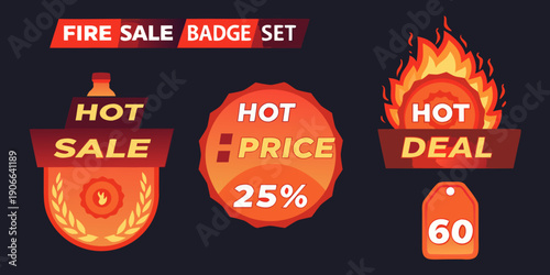 Fire sale badge set with hot price discounts and percentage offers