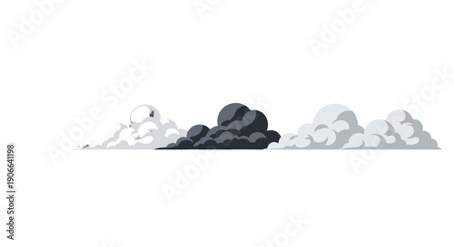 Stylized vector cloud and smoke elements featuring a dark central storm cloud and lighter grey puffs.