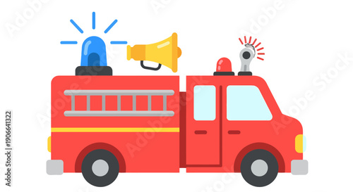 Vibrant Red Fire Truck Illustration with Flashing Blue and Red Lights and Yellow Megaphone.