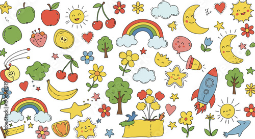 Colorful whimsical illustrations of various fruits trees flowers and celestial objects for kids
