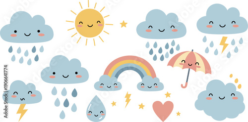 Colorful cartoon weather icons with smiling clouds rainbow and umbrella on white background