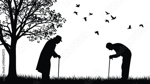 elderly, men, aging, silhouettes, old, age, walking, cane, life, time, nature, reflection, memory, black, white, cad, drawing, flat, vector, illustration
