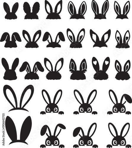 Bunny Ears and Rabbit Face Silhouette Icons Set