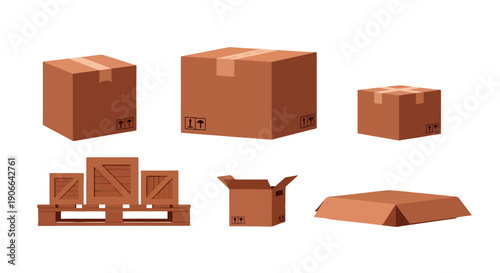 Collection of brown cardboard shipping boxes open and closed with wooden crates on a pallet.