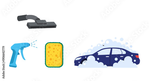 Dark Blue Sedan Car Covered in Soap Suds During Washing Process.