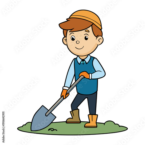 Boy Digging a Hole with Shovel, Flat Vector Illustration, Child Working Outdoors.