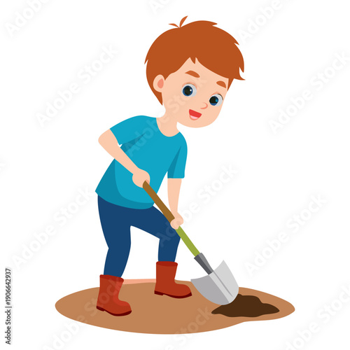 Boy Digging a Hole with Shovel, Flat Vector Illustration, Child Working Outdoors.