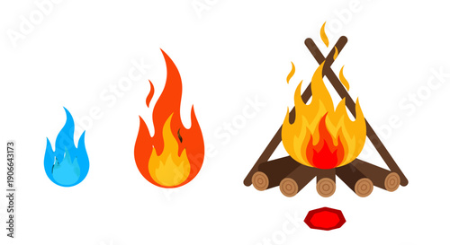 Vibrant stylized campfire with logs glowing ember and two distinct flames including a unique blue fire icon.