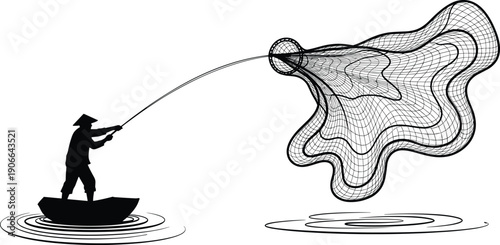 fisherman, fishing, net, silhouette, water, boat, tradition, livelihood, ocean, river, industry, effort