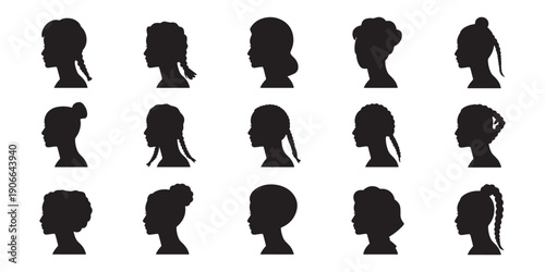 Vector collection of women hairstyle silhouettes, female profile head icons with various fashion hair styles for beauty salon and spa branding.