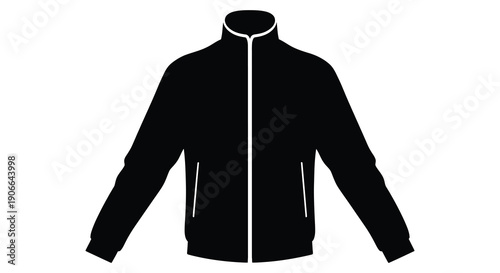 A stark black silhouette depicts a classic bomber jacket with a central zipper and ribbed cuffs presented on a white background silhouette