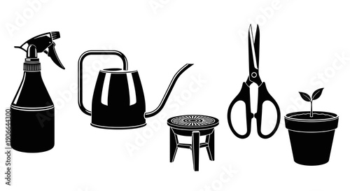 Essential gardening tools and supplies arranged neatly for outdoor maintenance tasks
