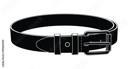 A minimalist black leather belt is displayed against a white background showcasing its simple design as a silhouette high quality professional