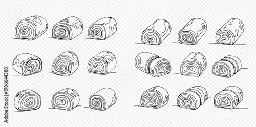 Set of hand-drawn Swiss roll cakes with various toppings, sweet dessert sketches for bakery design.