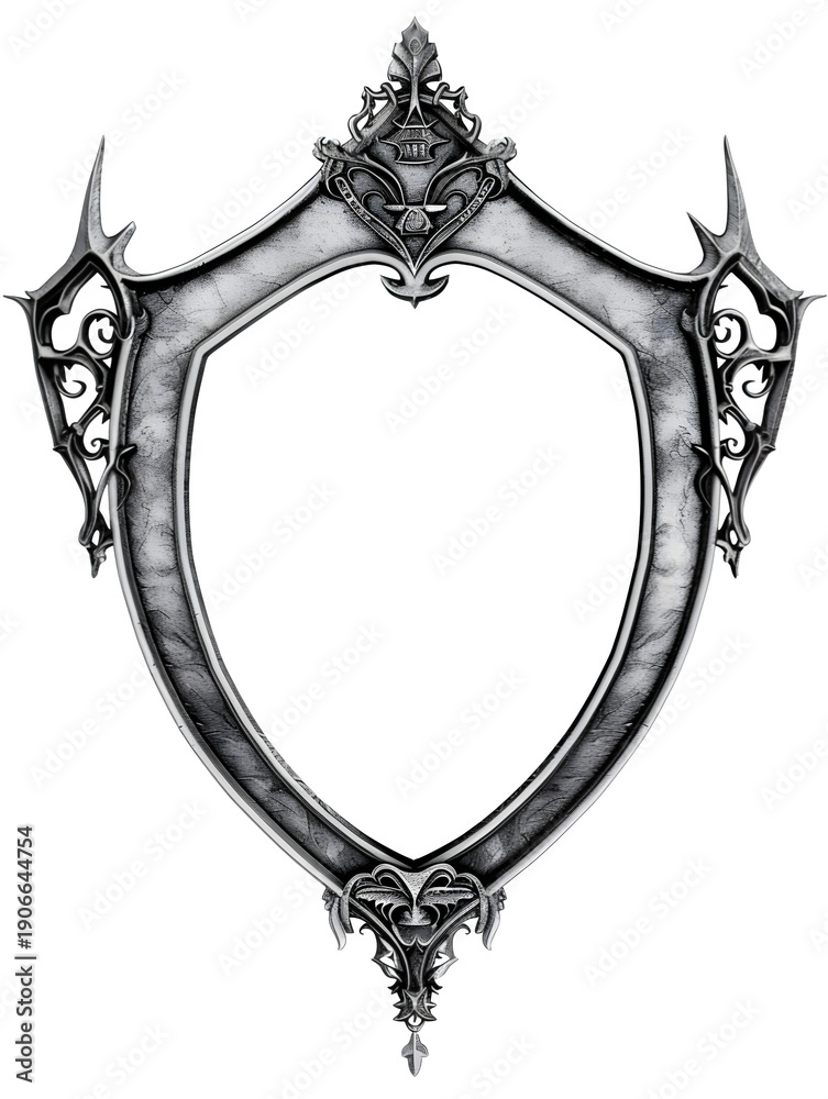 Obraz premium Ornate gothic silver shield frame with intricate scrollwork and sharp points, isolated on black background for design elements