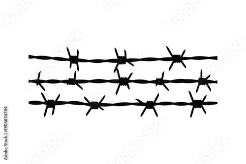 Barbed wire rows silhouette for security fence and border protection symbol isolated on white background design