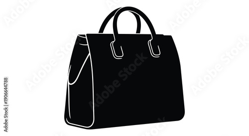 A minimalist outline depicts a classic tote handbag with dual handles presented as a striking black silhouette high quality professional detailed
