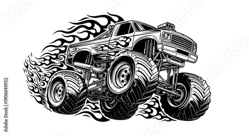 Monster Truck with Flames Graphic - Black and White Vector Art
