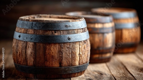 Wallpaper Mural Rustic wooden barrels with metal bands on a wooden surface Torontodigital.ca