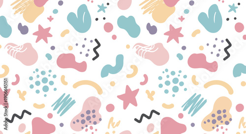 Colorful abstract pattern with pastel shapes and squiggles on white background for kids or nursery decoration