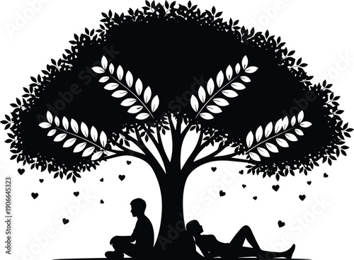love, couple, romance, relationship, tree, nature, silhouette, heart, emotion, togetherness, bonding, affection, harmony, peaceful, concept, vector, illustration, black, white, minimal