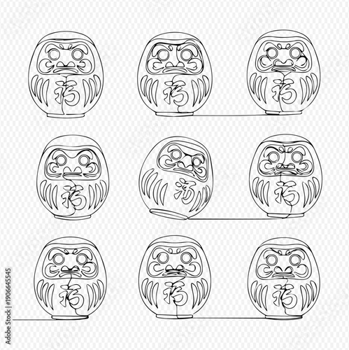 Continuous line art drawing of Daruma dolls, a traditional Japanese symbol of perseverance and good luck.